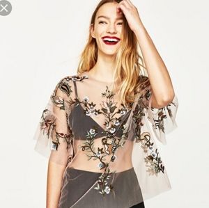 4 for $30!! Zara Embroidered Sheer Mesh top Pink